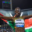 Mary Moraa reacts following her second-place finish at Prefontaine Classic