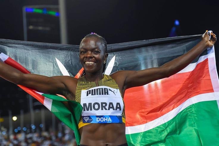 Mary Moraa reacts following her second-place finish at Prefontaine Classic