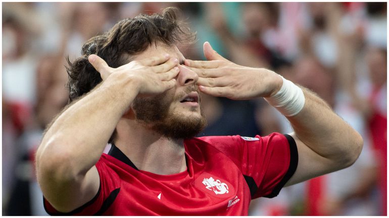 Georgia's Khvicha Kvaratskhelia celebrates against Portugal at the EURO 2024.