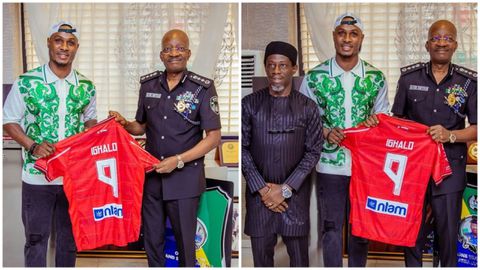 Odion Ighalo pulls off another surprise move - meets Nigerian Police chiefs, gifts jersey