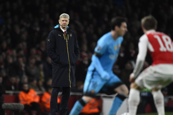 Photo by Javier Garcia BPI Shutterstock (5592183y) Arsenal manager Arsene Wenger looks towards Lionel Messi of FC Barcelona, Barca during the UEFA Champions League Round of 16 1st Leg match between Arsenal and FC Barcelona