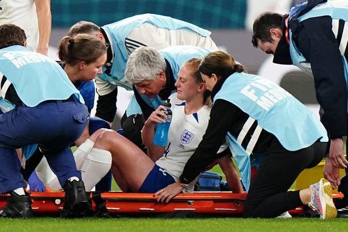 England's Keira Walsh being stretchered off against Denmark