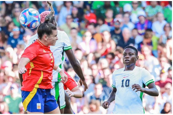 Nigeria Super Falcons in action against Spain. (Photo Credit: Justina Aniefiok/X)