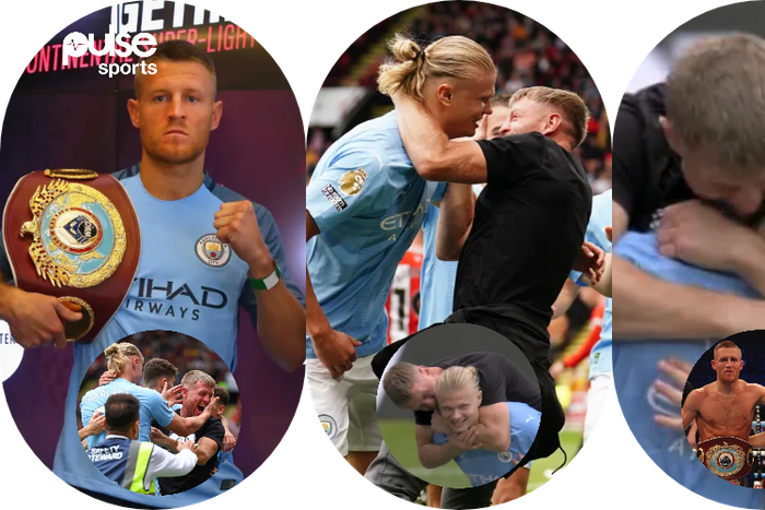 Erling Haaland receives hug and kisses from former world boxing champion || Photo Credit: The Sun || Created by Stephen