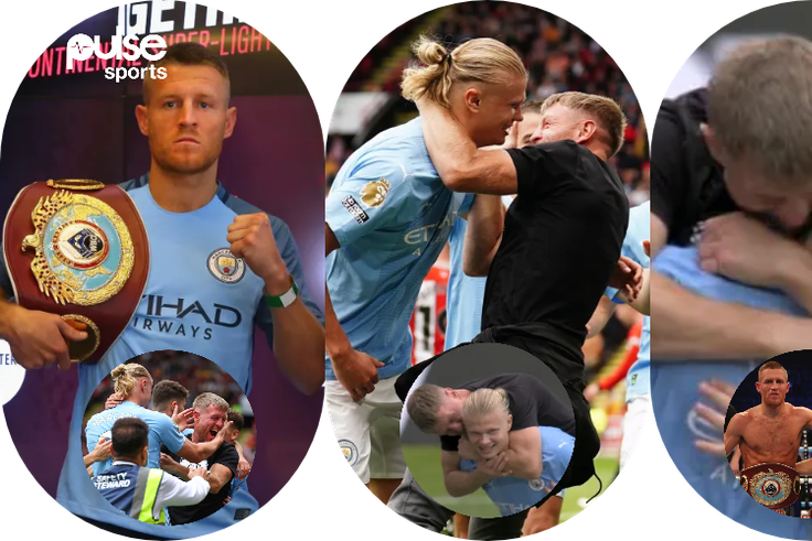 Erling Haaland receives hug and kisses from former world boxing champion || Photo Credit: The Sun || Created by Stephen