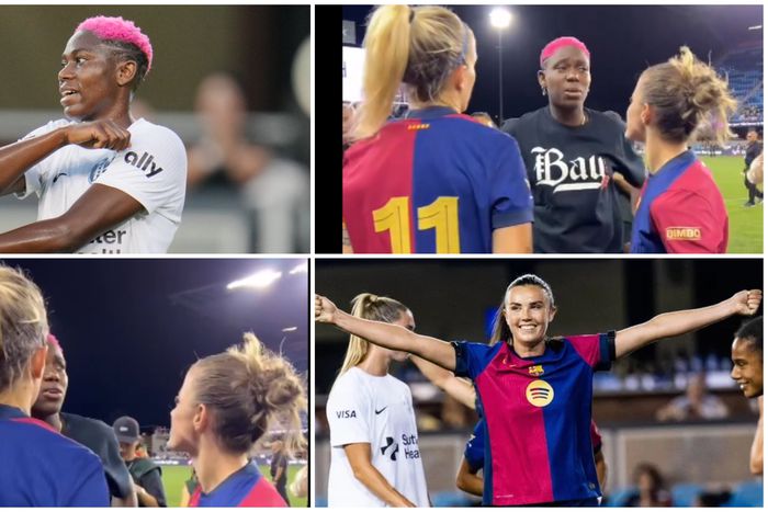 Oshoala with ex-Barcelona teammates in the USA.