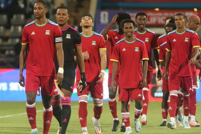 Seychelles players walk onto the pitch before their clash with Kenya, a game that ended in a 5-0 defeat.