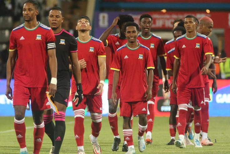 Seychelles players walk onto the pitch before their clash with Kenya, a game that ended in a 5-0 defeat.