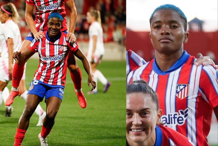 Super Falcons of Nigeria captain Rasheedat Ajibade scores for Atletico Madrid in a 4-0 derby win against Madrid CFF.