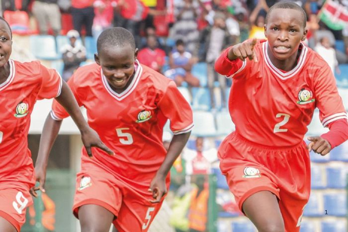 Rising Starlets players celebrating their opening goal against Ethiopia. ©FKF