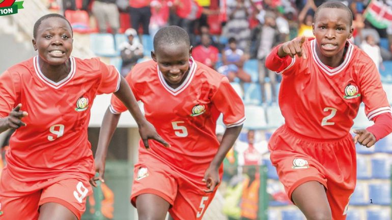 Rising Starlets players celebrating their opening goal against Ethiopia. ©FKF