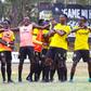 Tusker FC players celebrate a goal.