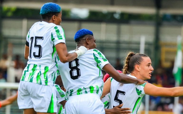 Super Falcons players against Benin in Abeokkuta. Image: Pooja X