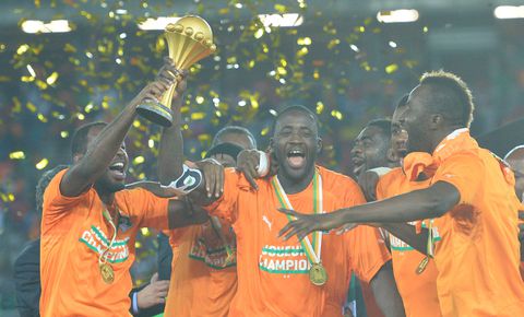 Yaya Gnegneri Toure of Cote d Ivoire (Elfenbeinküste ( Ivory Coast) holds the trophy of Africa Cup of Nations during the awarding ceremony in Bata , Feb. 8, 2015. || Image credit: Imago