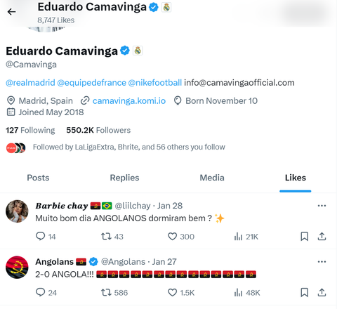 Eduardo Camavinga liking pro-Angolan posts on X || Image credit: X