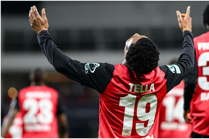 Nathan Tella celebrates his first Champions League goal for Bayer Leverkusen.