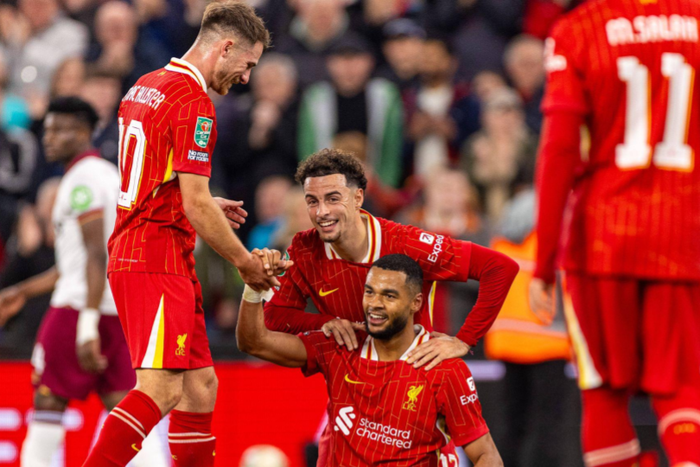 iverpool s Cody Gakpo celebrates after scoring the fifth goal during the Football League Cup 3rd Round match between Liverpool FC and West Ham United FC at Anfield. (Photo by Ryan Brown Propaganda)
