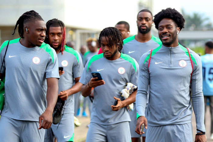 NIGERIA - SEPTEMBER 03: Calvin Bassey, Ademola Lookman and Ola Aina during the Super Eagles of Nigeria training