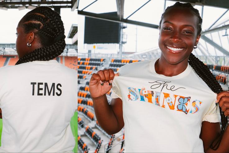 During Houston Dash’s She Shines Night, Super Falcons of Nigeria star Michelle Alozie chose to celebrate Grammy Award winner Tems.