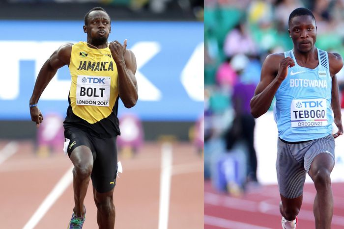 Usain Bolt (L) and Letsile Tebogo (R)