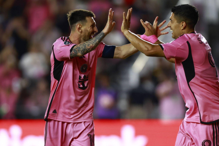 Lionel Messi celebrates his goal with Luis Suarez of Inter Miami || Image credit: Imago