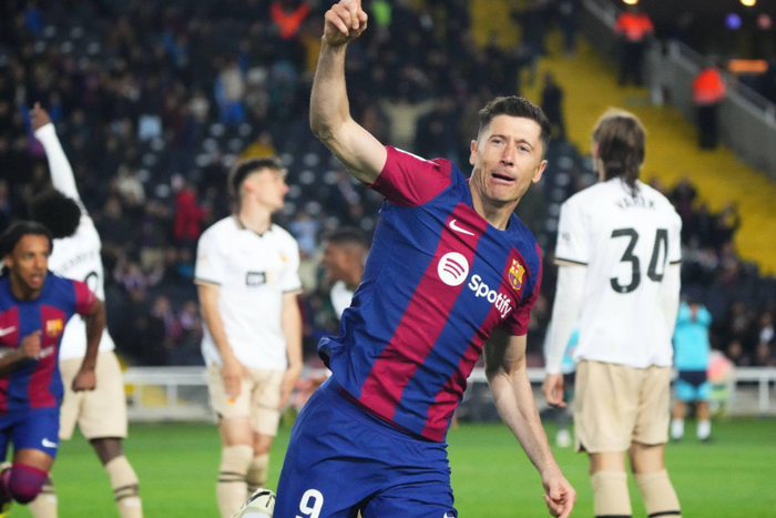Robert Lewandowski of FC Barcelona celebrates his goal during the La Liga EA Sports match between FC Barcelona and Valencia CF and played at Lluis Companys Stadium on April 29, 2024 || Image credit: Imago