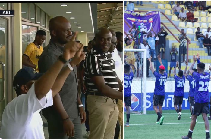 Nigerian icon Jay Jay Okocha gestures at the Sporting Lagos vs Abia Warriors clash in the NPFL.