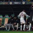 Gabriel Sara and Victor Osimhen of Galatasaray during the Turkish Super League match between Alanyaspor and Galatasaray at GAIN Park Stadium on March 9, 2025 in Alanya, Turkey. (Photo by Seskimphoto )