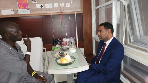 FKF President Hussein Mohammed visits journalist Chris Omollo who was injured during Gor Mahia vs Mara Sugar Clash.