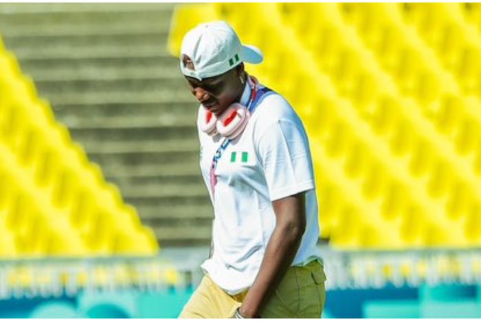 Asisat Oshoala on the pitch before the Football Olympics match against Spain in Paris 2024. (Image: Justina Aniefiok/X)