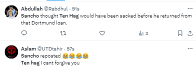 Manchester United fans bring up Jadon Sancho and Enzo Maresca at Chelsea, and Ronaldo's departure as they want Erik Ten Hag out after a 0-3 loss to Tottenham.