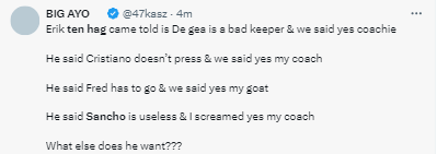 Manchester United fans bring up Jadon Sancho and Enzo Maresca at Chelsea, and Ronaldo's departure as they want Erik Ten Hag out after a 0-3 loss to Tottenham.