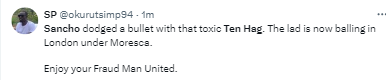 Manchester United fans bring up Jadon Sancho and Enzo Maresca at Chelsea, and Ronaldo's departure as they want Erik Ten Hag out after a 0-3 loss to Tottenham.