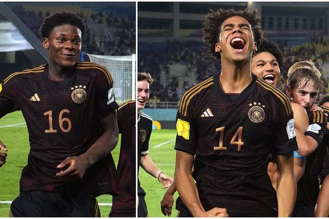 Winners Osakwe and David Odogu celebrate the win against Argentina.