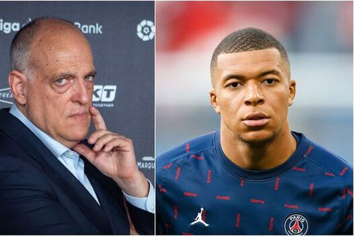 LaLiga president Javier Tebas and PSG superstar Kylian Mbappe || Image credit: Daily Express