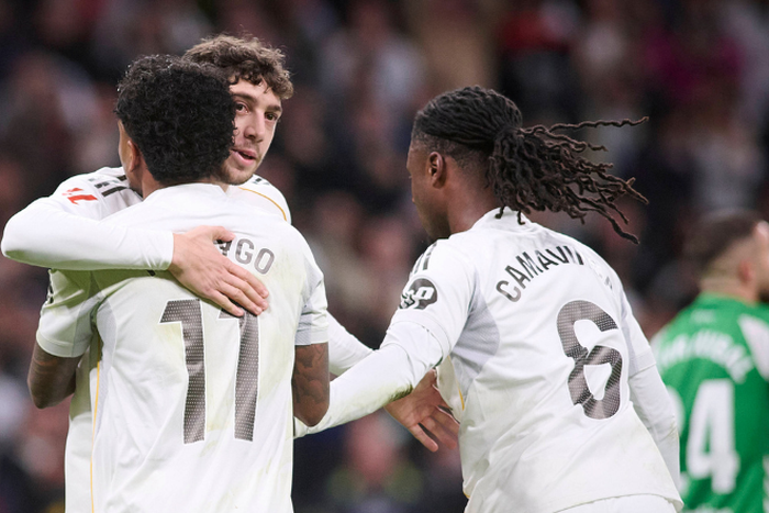 Real Madrid CF's Rodrygo Goes, Fede Valverde and Eduardo Camavinga celebrate goal during La Liga match. January 4, 2026 || Image credit: Imago