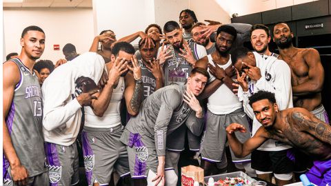 Chimezie Metu celebrates as Sacramento Kings make playoffs for the 1st time in 16 years