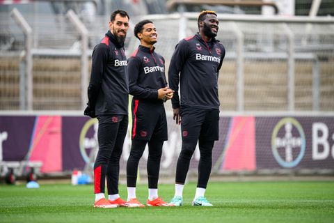 Victor Boniface (first from right) and his Leverkusen teammates in training.