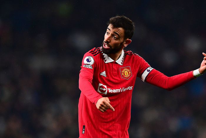 Bruno Fernandes of Manchester United in action against Aston Villa.