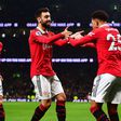 Bruno Fernandes celebrate a goal for Manchester United vs Aston Villa.
