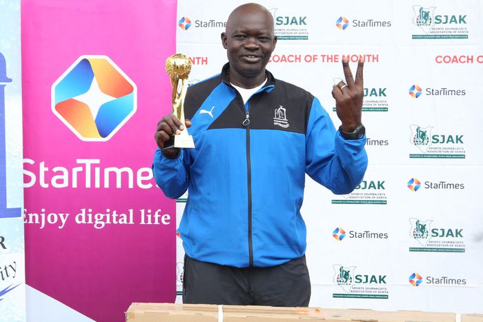 Nairobi Water women Handball team coach Jack Ochieng after he was awarded with the StarTimes/ SJAK Coach of the Month award for March at the Company Headquarters in Nairobi on May 30, 2023