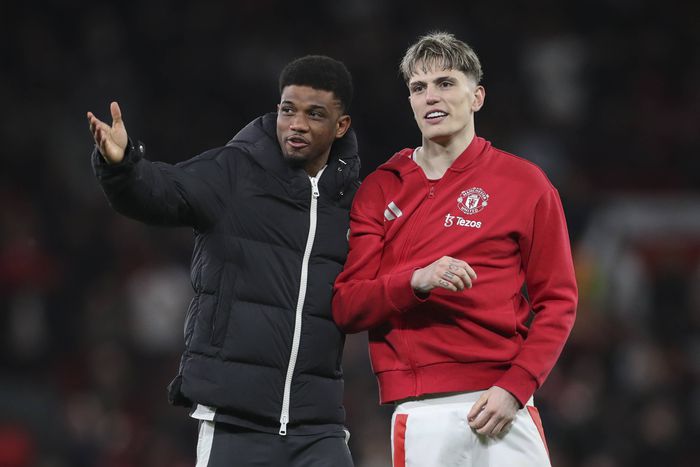 Amad Diallo (16) gestures Manchester United forward Alejandro Garnacho (17) fans during the Manchester United FC v Olympique Lyonnais UEFA Europa League Quarter-Final 2nd leg match at Old Trafford