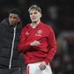 Amad Diallo (16) gestures Manchester United forward Alejandro Garnacho (17) fans during the Manchester United FC v Olympique Lyonnais UEFA Europa League Quarter-Final 2nd leg match at Old Trafford