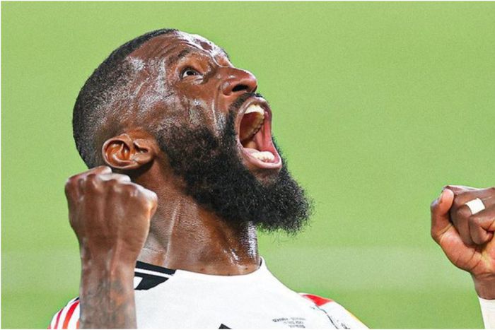 A passionate Antonio Rudiger screams after the tackle against Denmark.