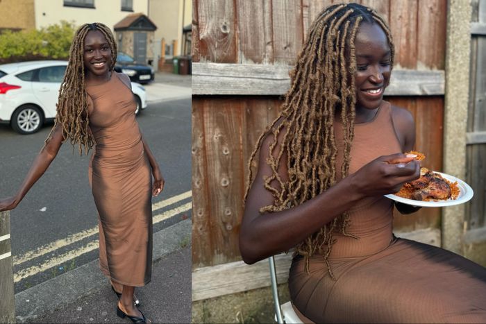 Super Falcons of Nigeria star Rinsola Babajide shows off Jollof Rice and Turkey.