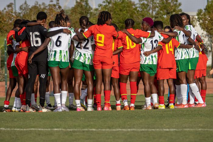 Ahead of the 2025 WAFCON, the Super Falcons of Nigeria and the Black Queens of Ghana pray together after a friendly.