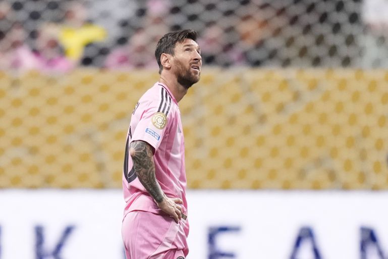 Lionel Messi right winger of Inter Miami and Argentina reacts during the FIFA Club World Cup 2025 round of 16 match between Paris Saint-Germain and Inter Miami CF at Mercedes-Benz Stadium on June 29, 2025 in Atlanta, Georgia. Copyright: xJosexBretonx