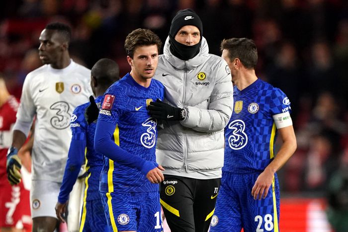 Photo by Richard Lee Shutterstock: Thomas Tuchel of Chelsea manager celebrates after the full time whistle with Mason Mount of Chelsea Middlesbrough v Chelsea,