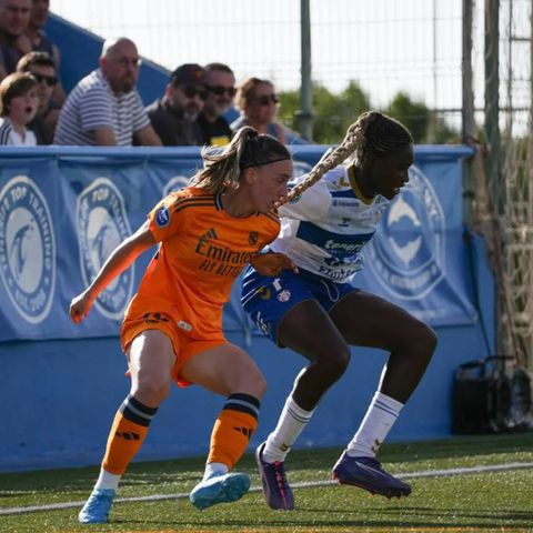 Super Falcons Nigeria star Rinsola Babajide scores a penalty for Costa Adeje Tenerife in their 1-4 loss against Real Madrid.