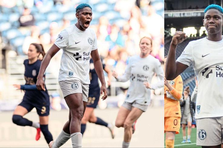 Super Falcons of Nigeria star Asisat Oshoala scores the winning penalty for Bay FC against Seattle Reign.